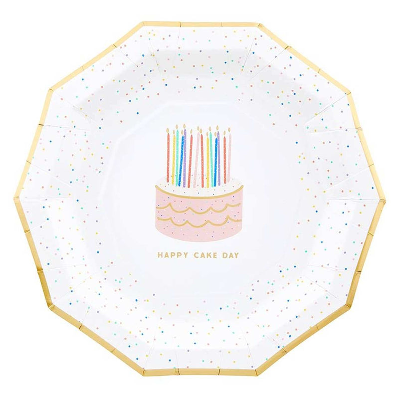 Decagon Paper Plates with "Happy Cake Day" design, 9-inch durable, disposable.
