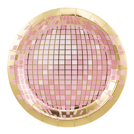 Disco Ball Paper Plate with pink and gold foil design.