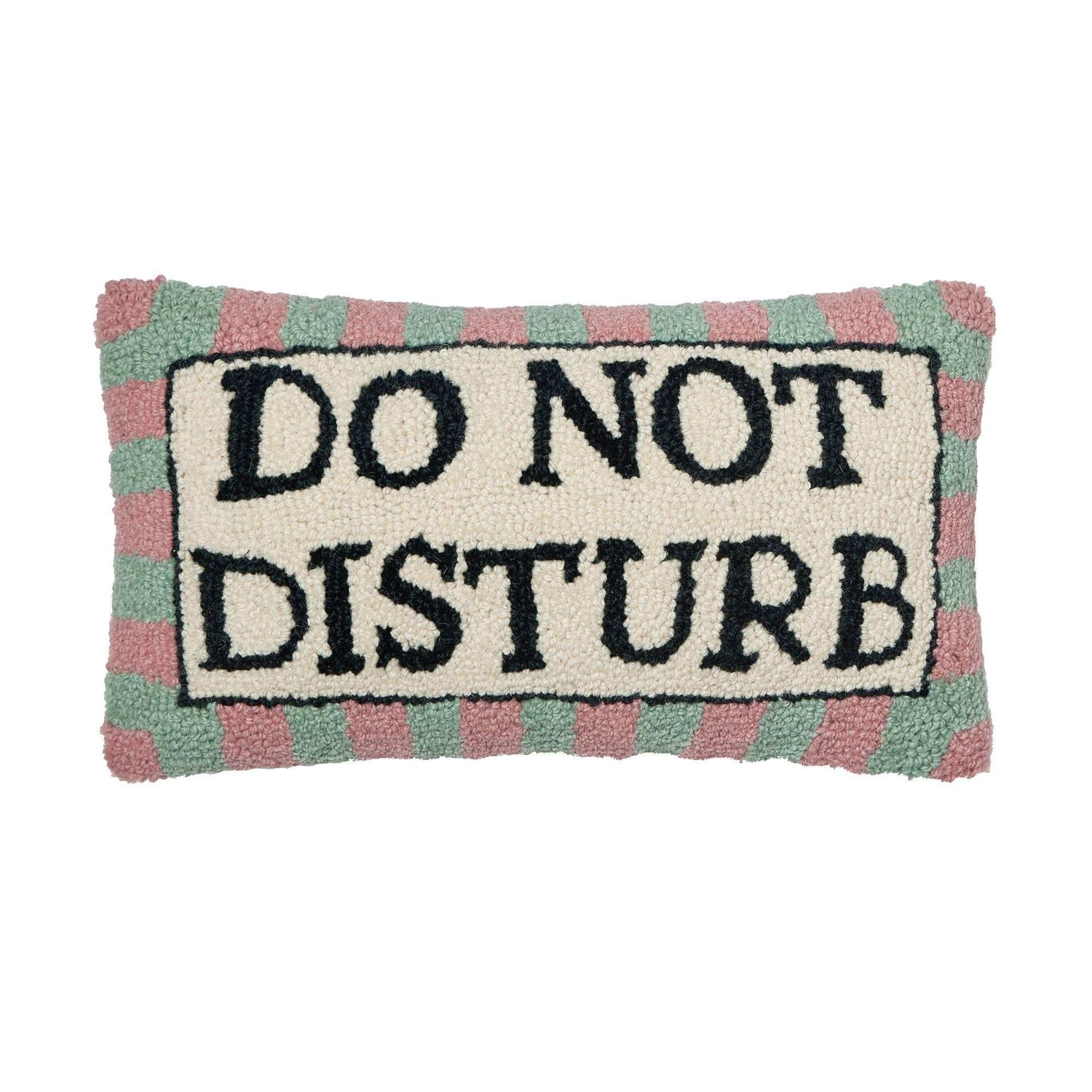 Do Not Disturb Hook Pillow with wool hooked design and velvet backing.