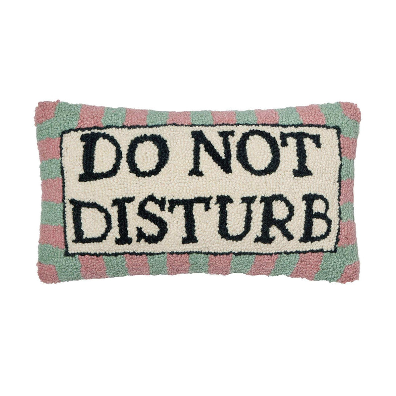 Do Not Disturb Hook Pillow with wool hooked design and velvet backing.