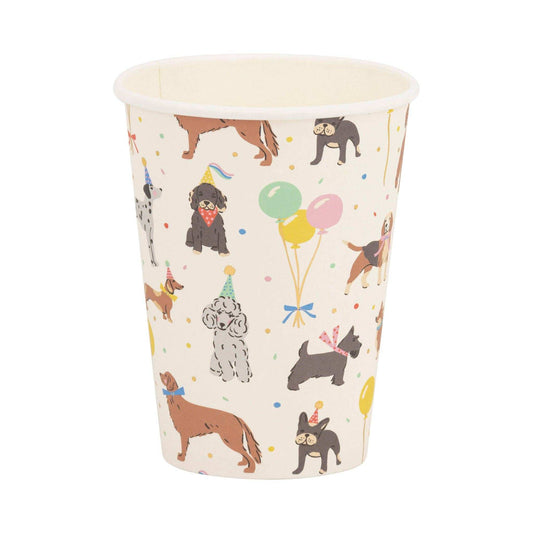 12 oz festive dog-themed party cup with gold foil, featuring dogs and balloons.