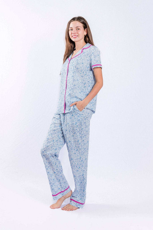 Dutch Lily print pajamas set with short sleeve button down top and pants, featuring cotton lace trim and Swiss Dot textured fabric.