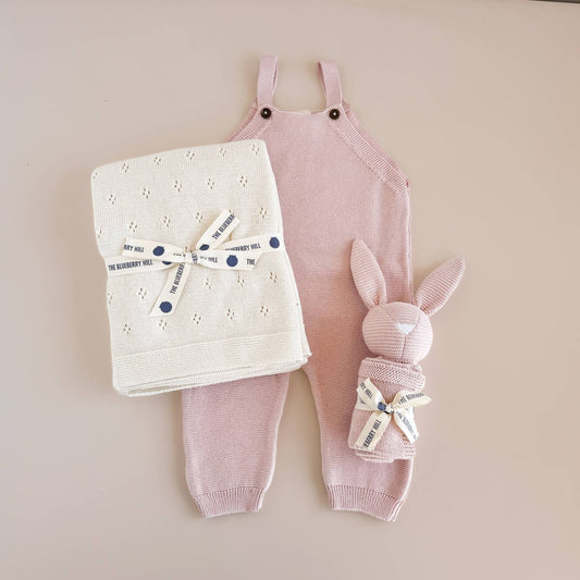 The Blueberry Hill - Set Pique Blanket Cream Bunny Lovey Blush Cotton Baby Gift - Jennie Dots