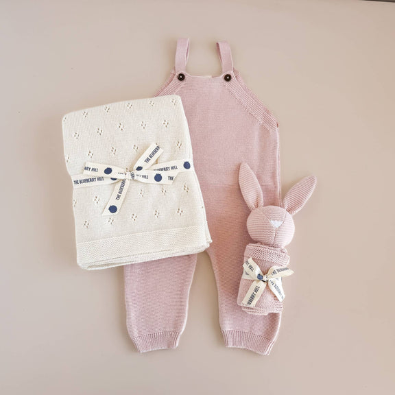 The Blueberry Hill - Set Pique Blanket Cream Bunny Lovey Blush Cotton Baby Gift - Jennie Dots