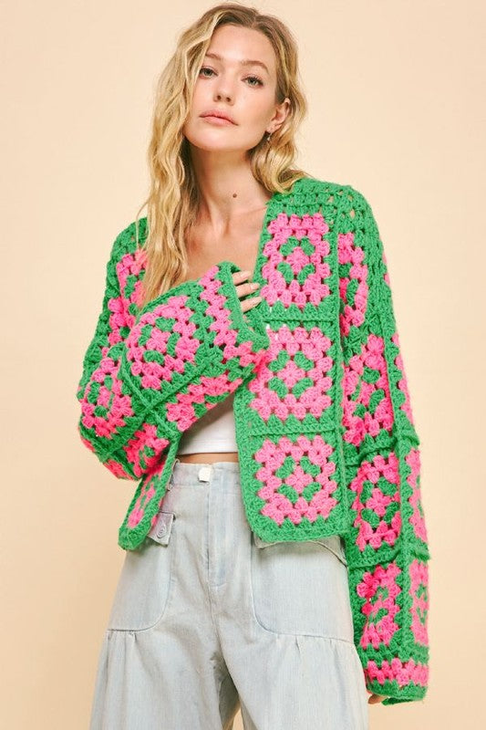 Davi & Dani Two Tone Flower Square Crochet Open Front Cardigan