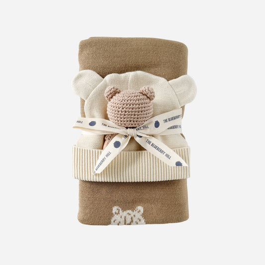 The Blueberry Hill - Set Honey Bear Blanket Hat and Teether Baby Gift Summer - Jennie Dots