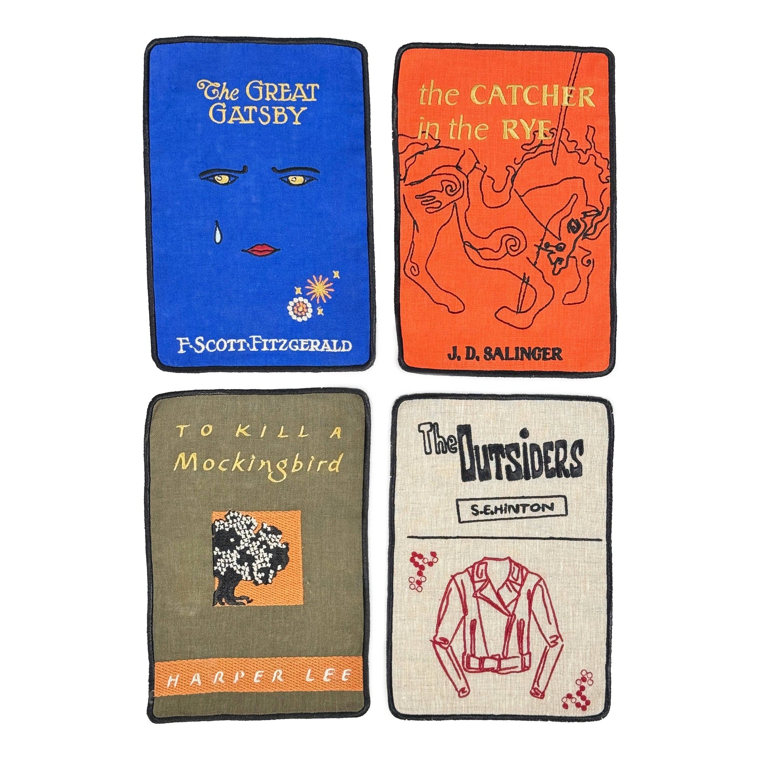 Four book cover patches of 'The Great Gatsby', 'The Catcher in the Rye', 'To Kill a Mockingbird', and 'The Outsiders' on a white background.