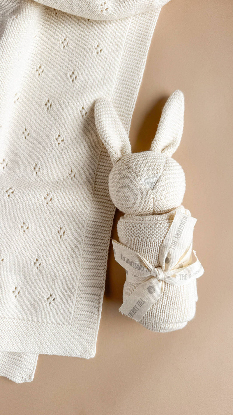 The Blueberry Hill - Set Bunny Lovey Blanket Cream Organic Cotton Baby Gift - Jennie Dots