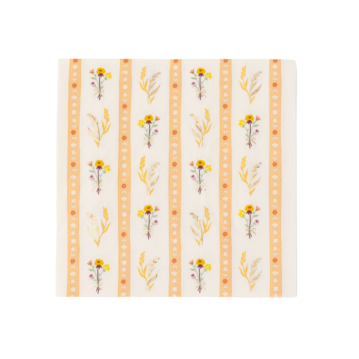 A square paper napkin featuring a vertical striped botanical pattern with yellow flowers, green leaves, and orange decorative borders on a cream background.
