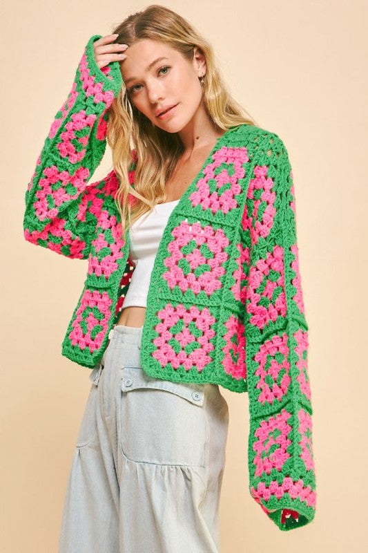 Davi & Dani Two Tone Flower Square Crochet Open Front Cardigan