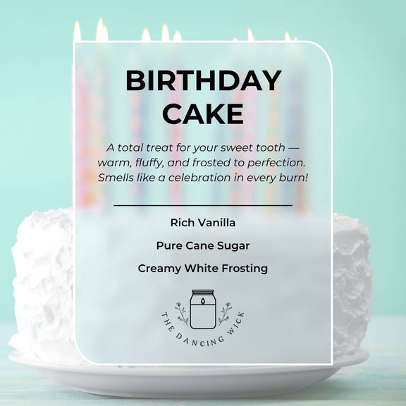 Happy Birthday candle with vanilla cake scent, features labels and pastel candles on a white cake, celebration theme.