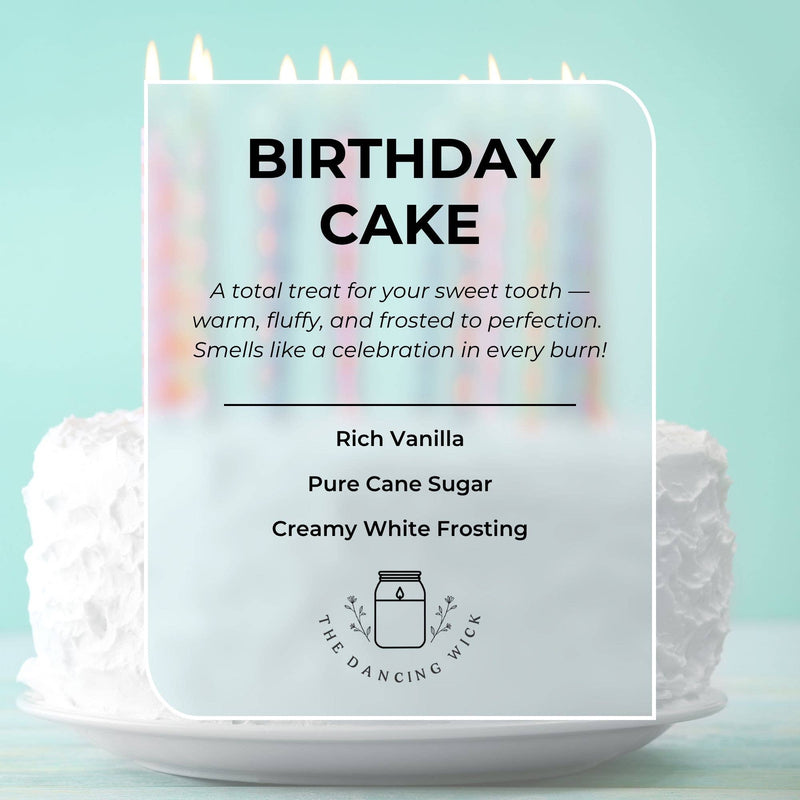 Happy Birthday candle with vanilla cake scent, features labels and pastel candles on a white cake, celebration theme.