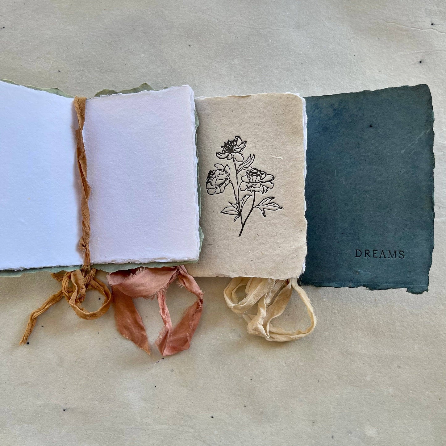 Artisan Made Small Notebook - Dreams, Notes, Flowers paper with silk ribbon