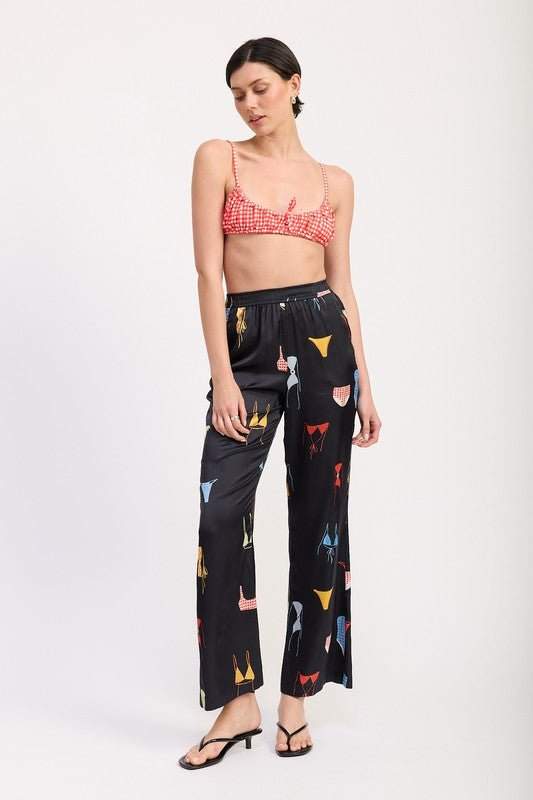 Emory Park printed satin wide leg pants on model.