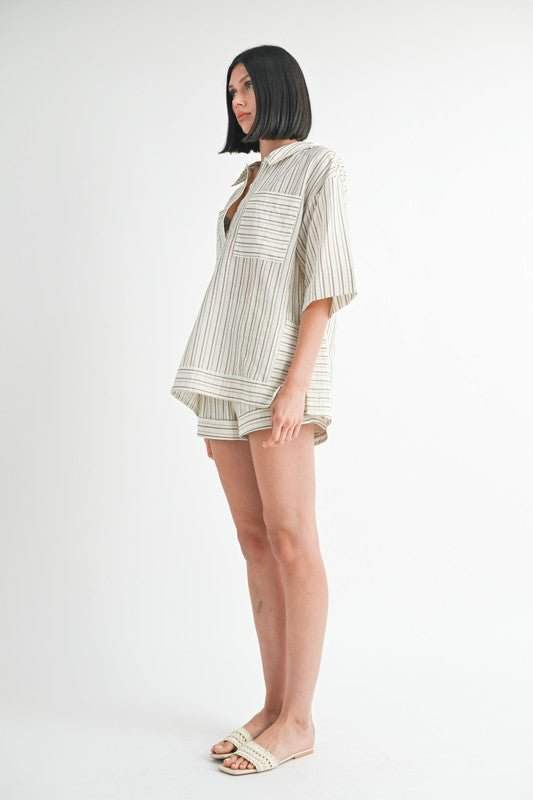 Emory Park striped shorts with waist tie and matching top.