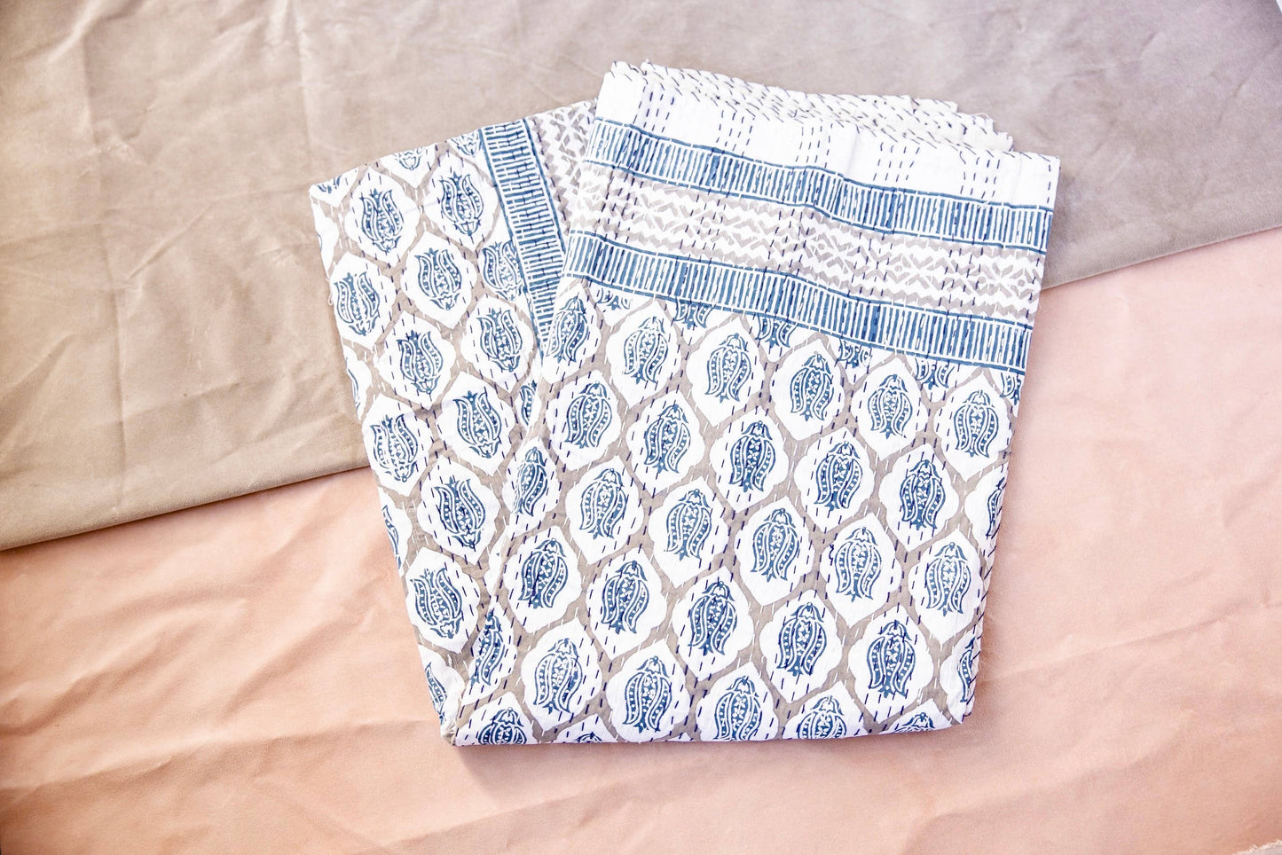 The Blue Bell Block Print Kantha Stitch Throw