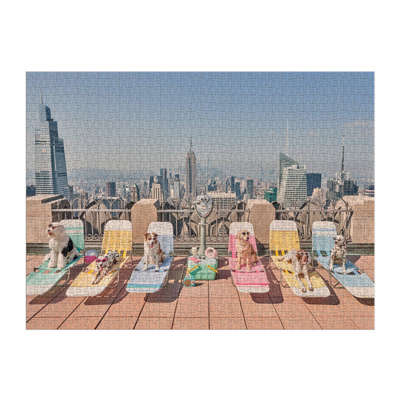 Gray Malin The Dogs of New York City 1000 Piece Puzzle featuring playful dogs lounging on a rooftop with NYC skyline.