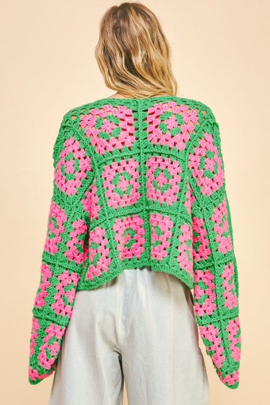 Davi & Dani Two Tone Flower Square Crochet Open Front Cardigan