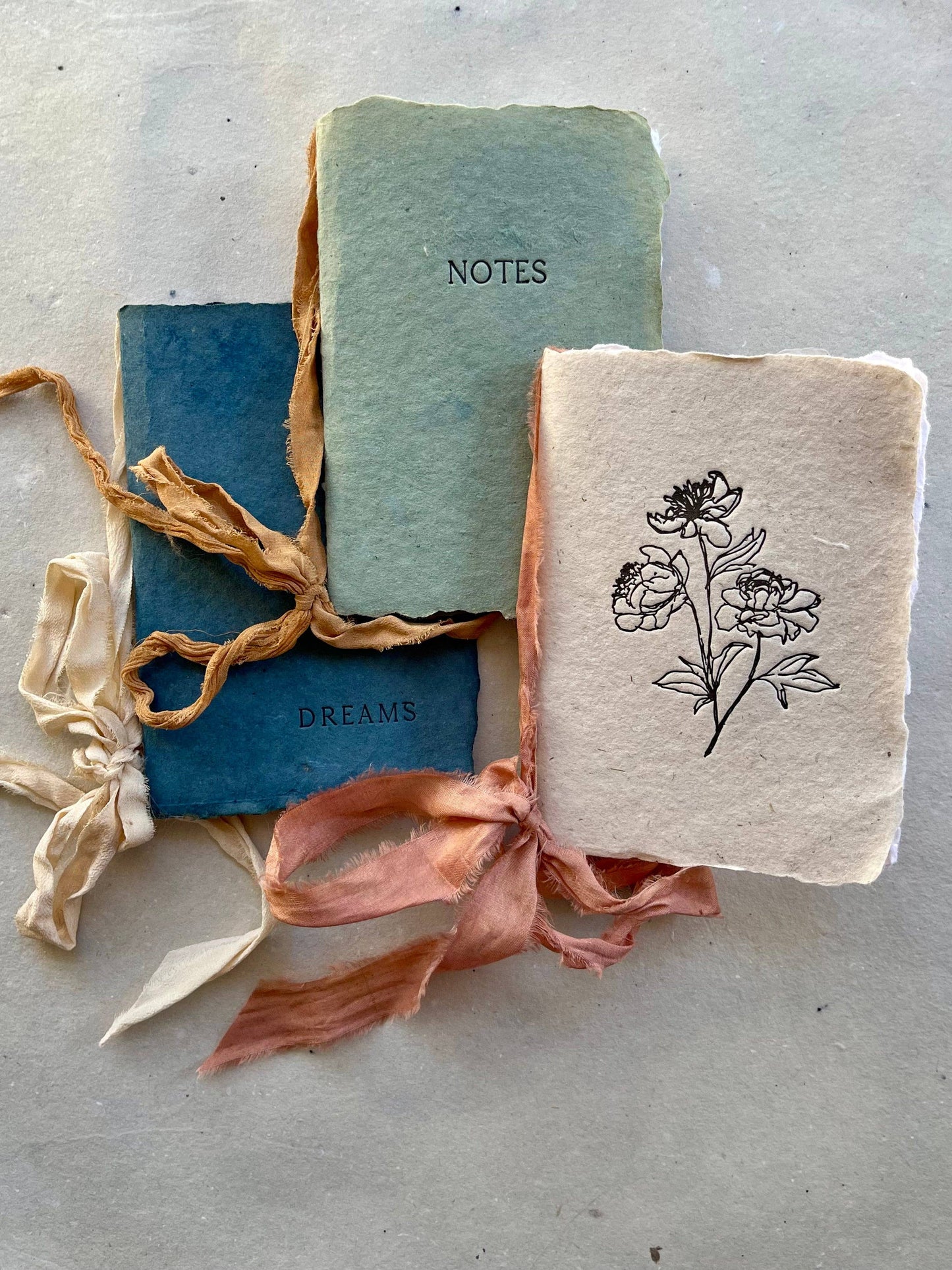 Artisan Made Small Notebook - Dreams, Notes, Flowers paper with silk ribbon