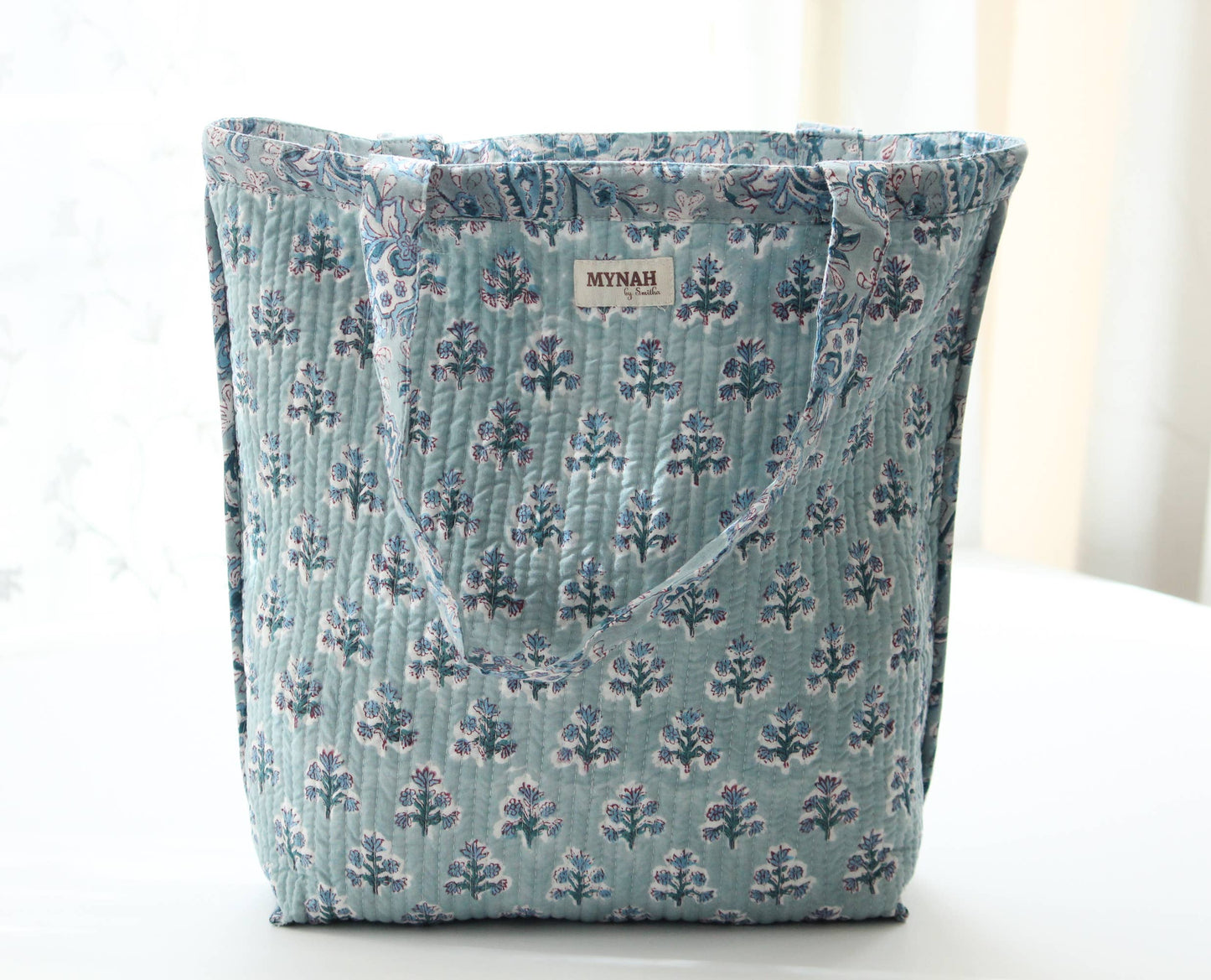 Dusty blu floral print reversible tote bag-Small laptop bag