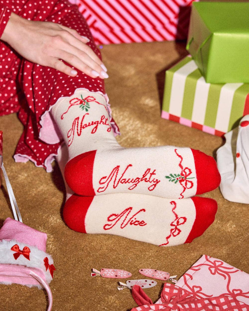 xo, Fetti - Naughty & Nice Knit Socks - cream crew socks Christmas Xmas Holiday Fashion