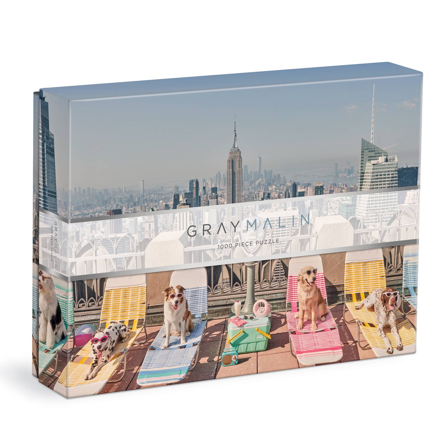Gray Malin The Dogs of New York City 1000 Piece Puzzle box featuring dogs relaxing in the city skyline.
