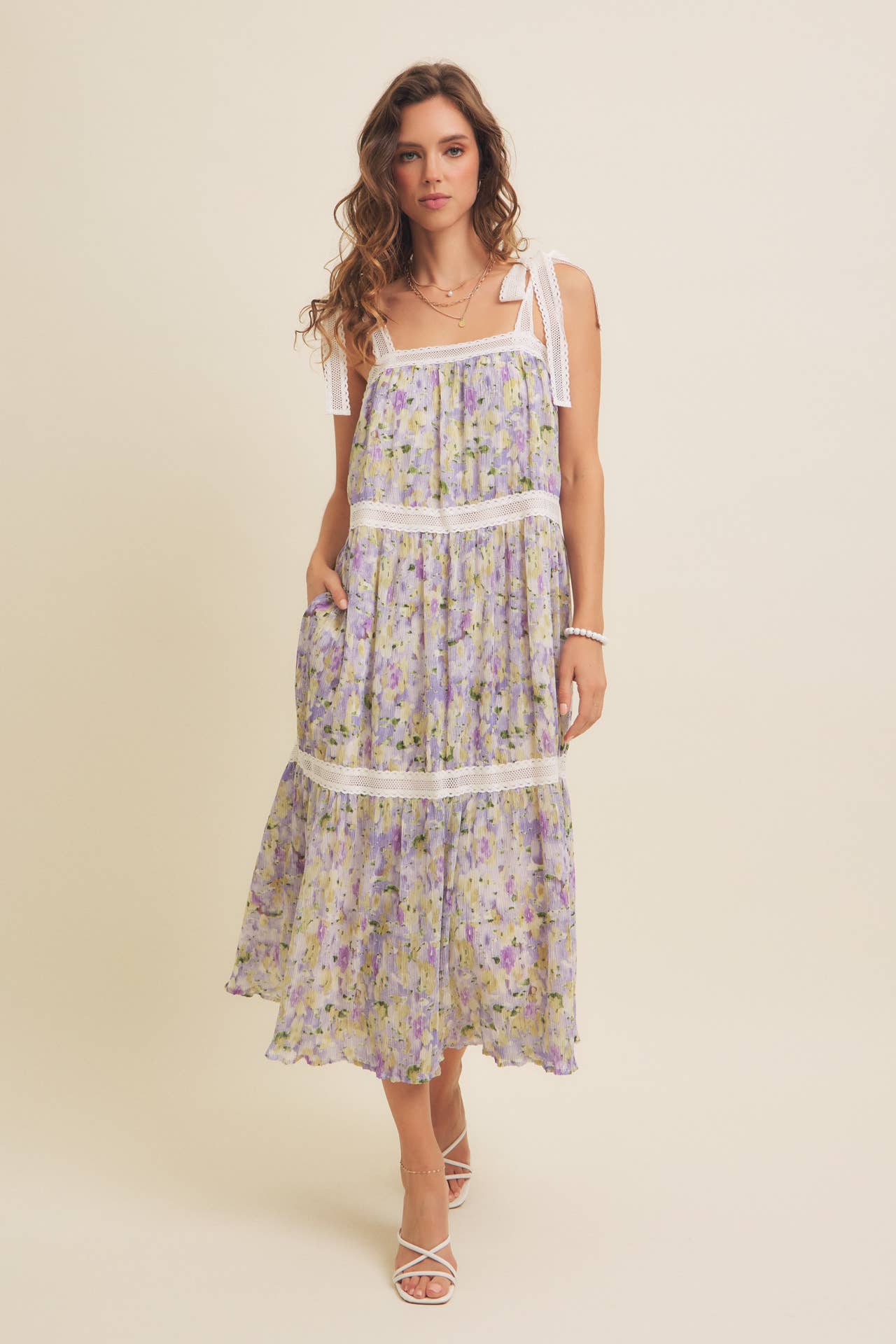 FLORAL CHIFFON PLEATED MIDI DRESS WITH LACE - Lavendar