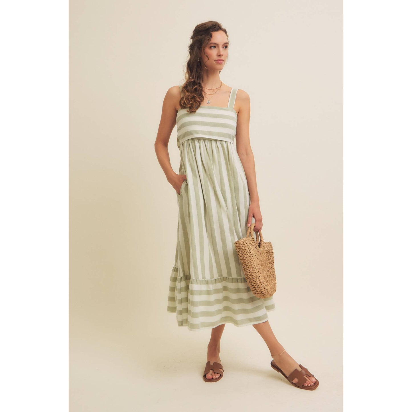 STRIPE MIDI DRESS WITH BACK RIBBON TIE