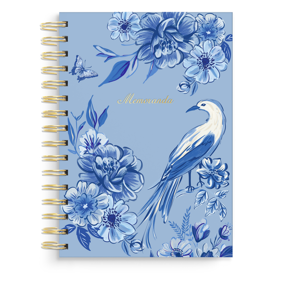 Good Juju Ink - Blue Chinoiserie Bird Spiral Notebook - Jennie Dots