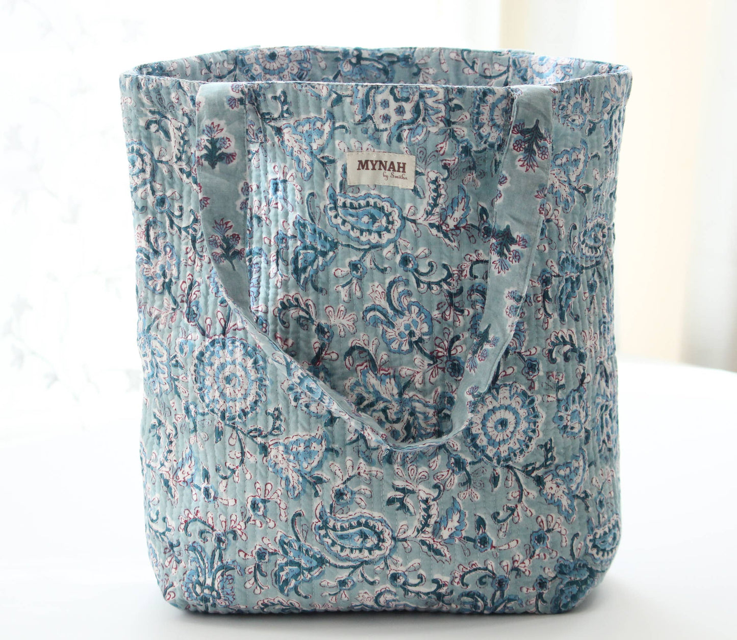 Dusty blu floral print reversible tote bag-Small laptop bag