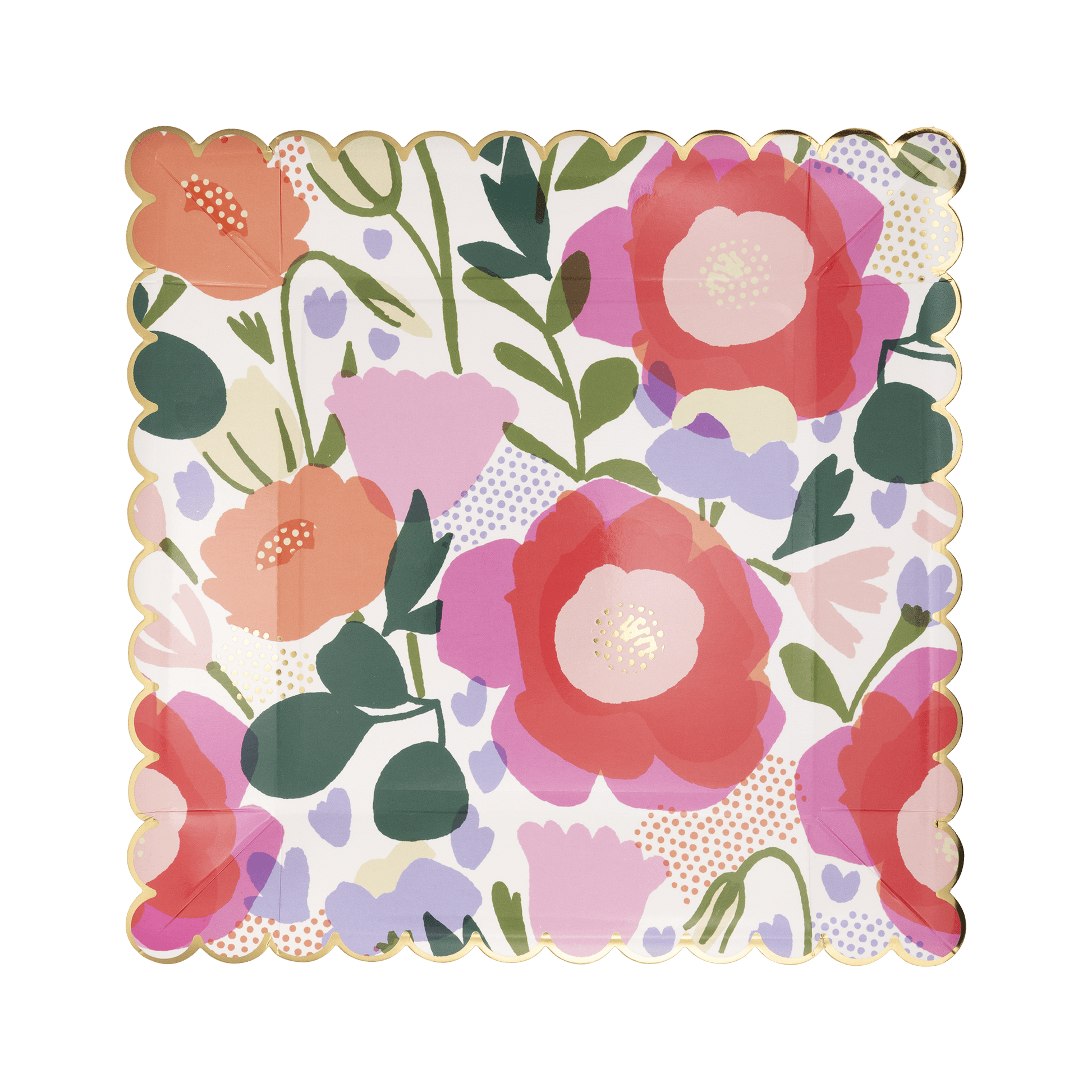 Floral plate with scalloped edges featuring vibrant spring flowers.
