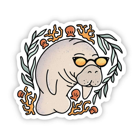 Florida manatee in sunglasses vinyl sticker for laptops, water bottles, and more.