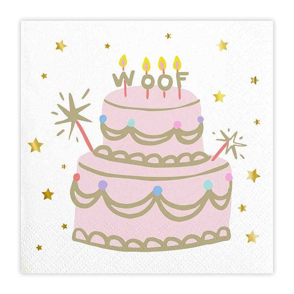 Foil napkins featuring a decorative "Woof" cake design with gold stars.