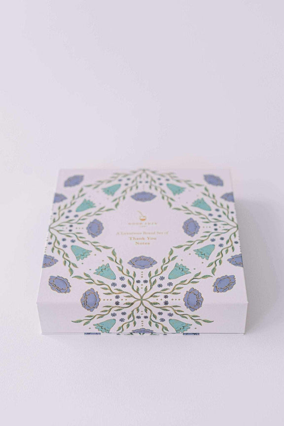 Folk Pattern Luxury Stationery Set in green and blue with gold foil detailing, featuring a keepsake box.