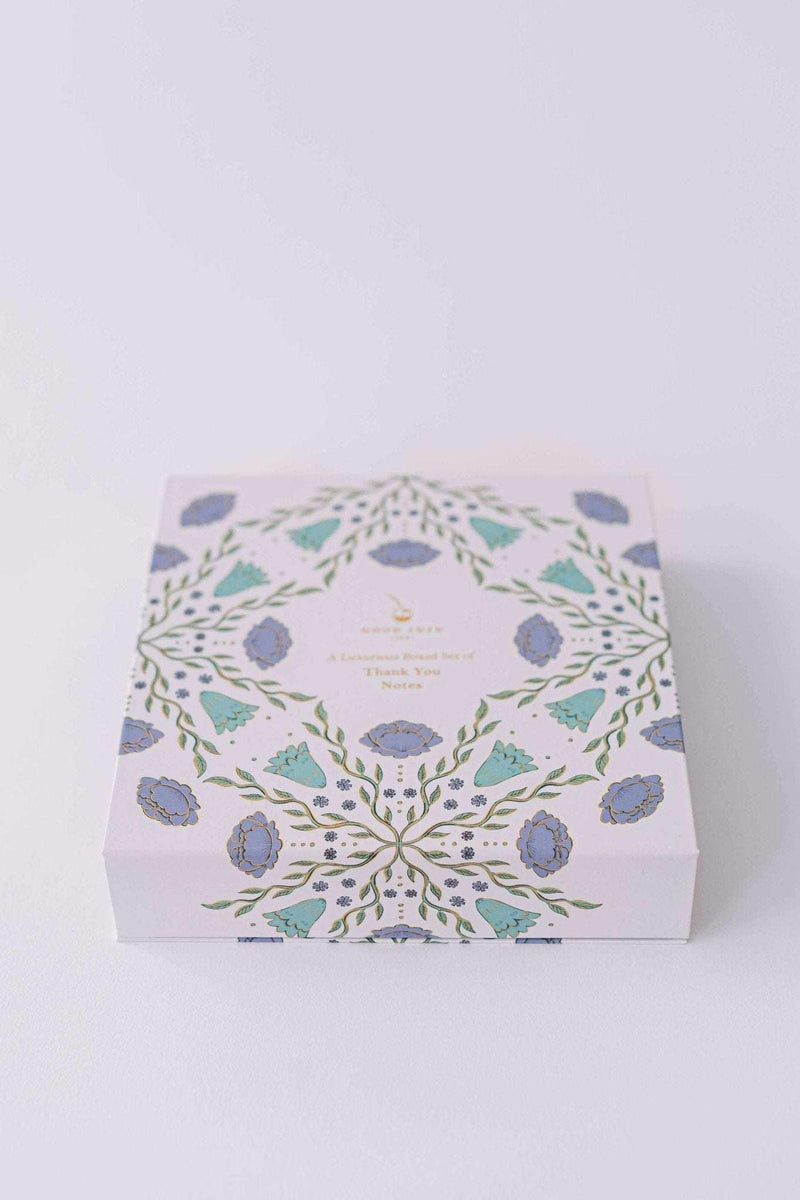 Folk Pattern Luxury Stationery Set in green and blue with gold foil detailing, featuring a keepsake box.