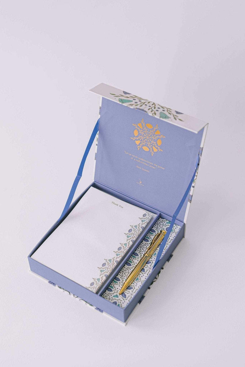 Folk Pattern Luxury Stationery Set with gold-foiled box, writing sheets, envelopes, sealing stickers, and pen.
