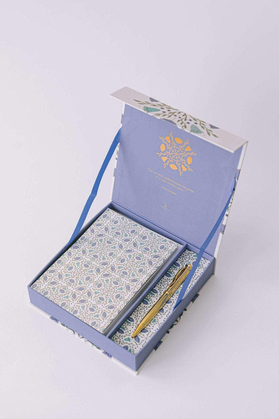 Folk Pattern Luxury Stationery Set in green and blue with gold foil, including writing sheets, envelopes, sealing stickers, and ball-point pen in keepsake box.