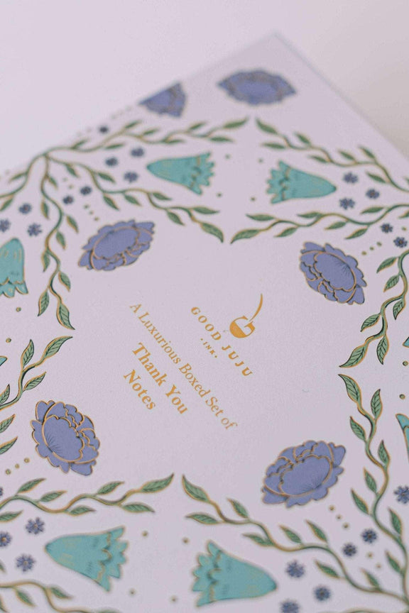Folk Pattern Luxury Stationery Set in green and blue design on keepsake box with gold-foiled details.