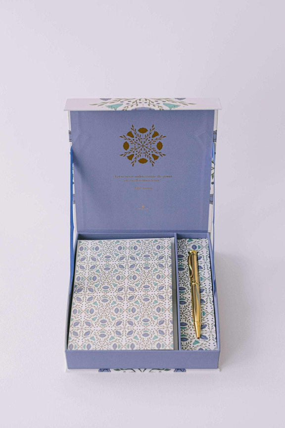 Folk Pattern Luxury Stationery Set in green and blue with gold-foiled box, writing sheets, envelopes, sealing stickers, and pen.