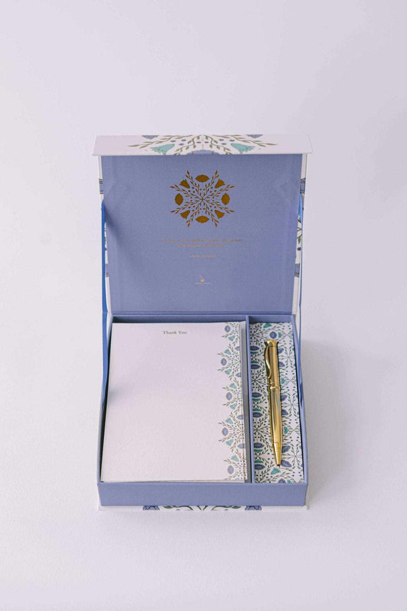 Folk Pattern Luxury Stationery Set with gold-foiled keepsake box, writing sheets, envelopes, sealing stickers, and gold pen.