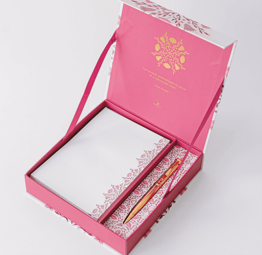 Folk Pattern Luxury Stationery Set in pink/purple with gold-foiled keepsake box, including writing sheets, envelopes, sealing stickers, and pen.