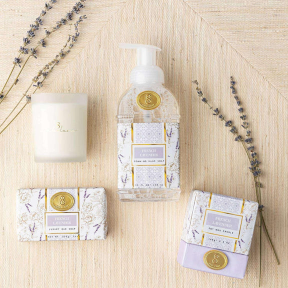 French Lavender 5.6oz Soy Wax Candle with Cedar and Floral Design Packaging