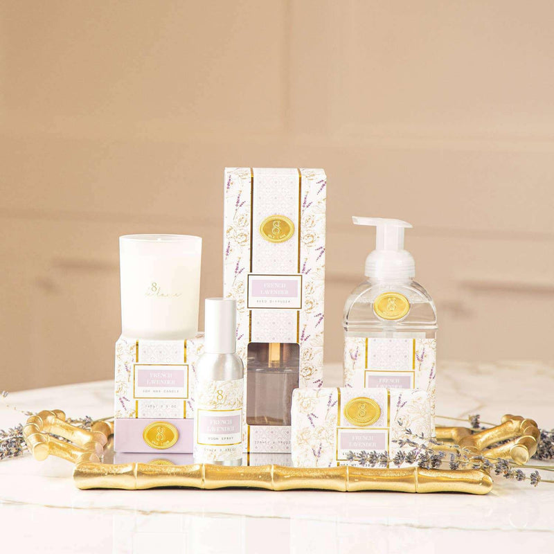 French Lavender 5.6oz Soy Wax Candle in decorative packaging with floral print.