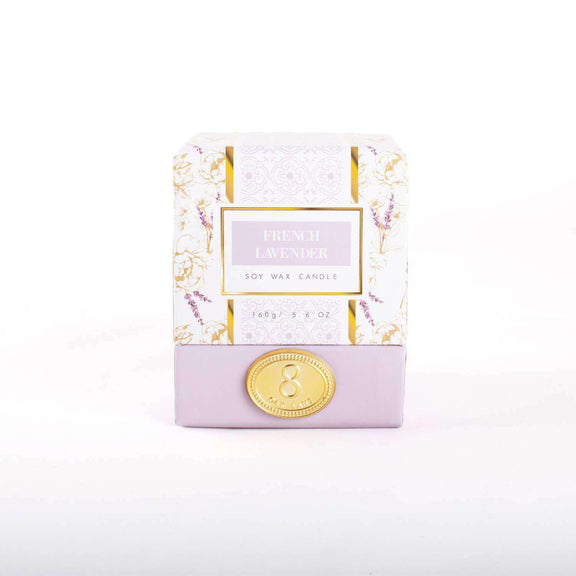 French Lavender 5.6oz Soy Wax Candle in floral packaging.