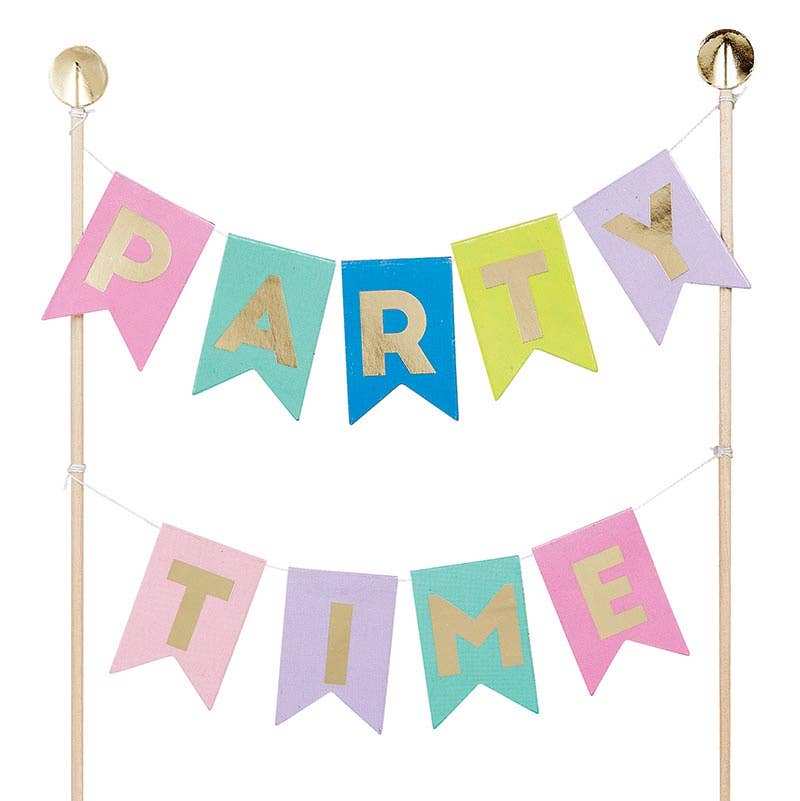 Colorful garland cake topper with "Party Time" banner.