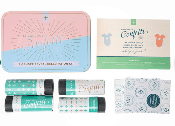 Gender Reveal Celebration Kit with pink and blue confetti poppers, cleanup aids, reusable tin, and instructions.