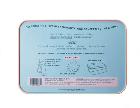 Gender Reveal Celebration Kit with confetti poppers, cleanup aids, and tin.