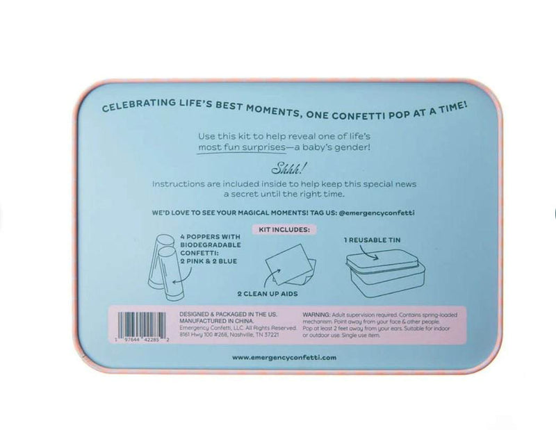 Gender Reveal Celebration Kit with confetti poppers, cleanup aids, and tin.