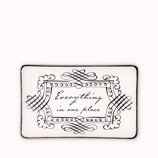 Glass tray with vintage calligraphy artwork and hand-painted black edge.