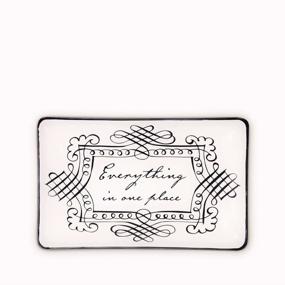 Glass tray with vintage calligraphy artwork and hand-painted black edge.